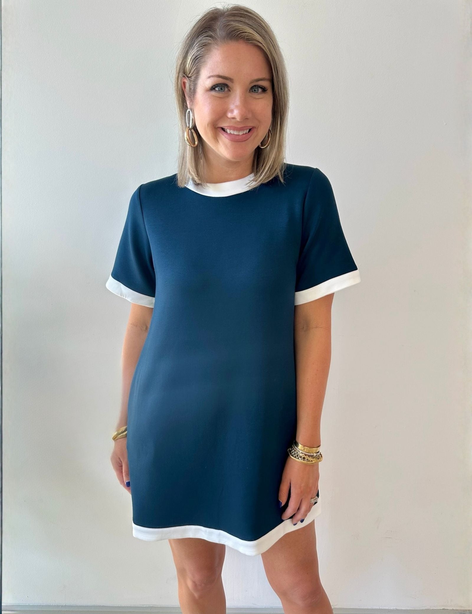 Contrast Trim Round Neck Dress - Navy