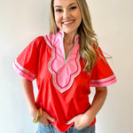 Contrast Trim Wide Sleeve V - neck Top