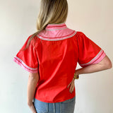 Contrast Trim Wide Sleeve V - neck Top