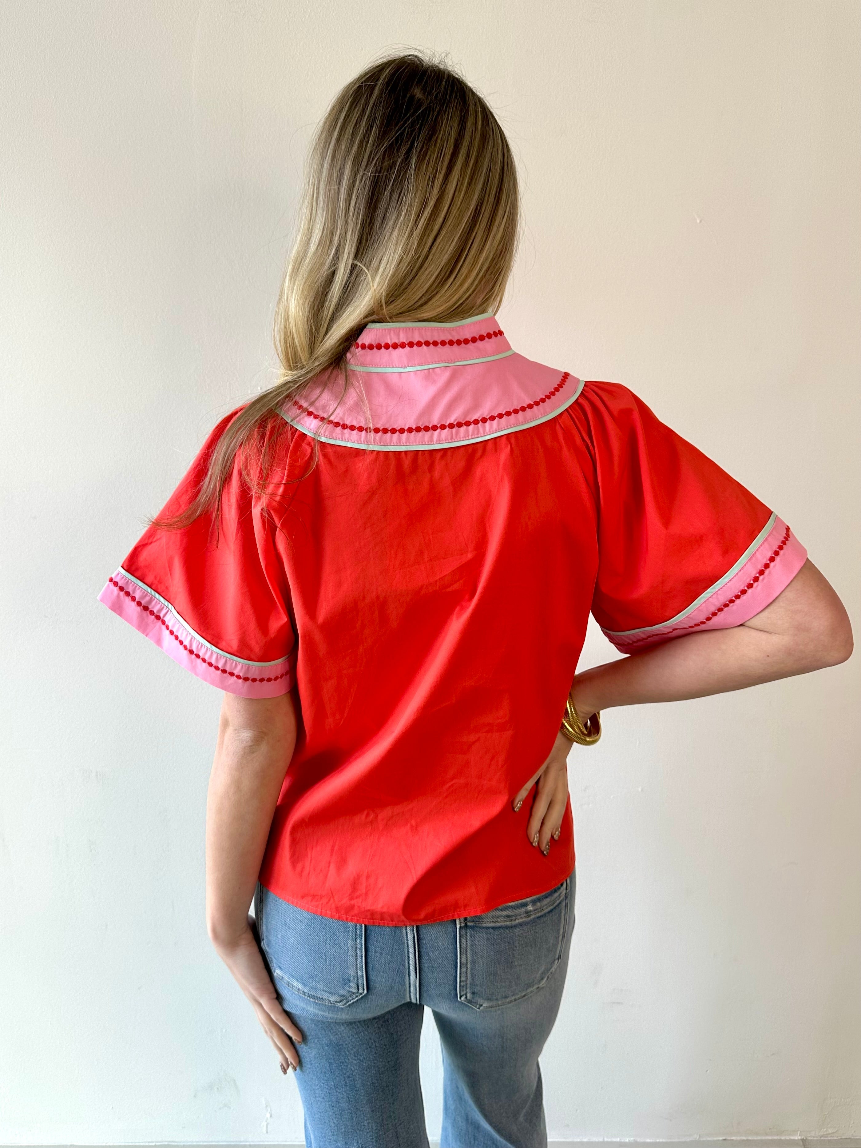 Contrast Trim Wide Sleeve V - neck Top