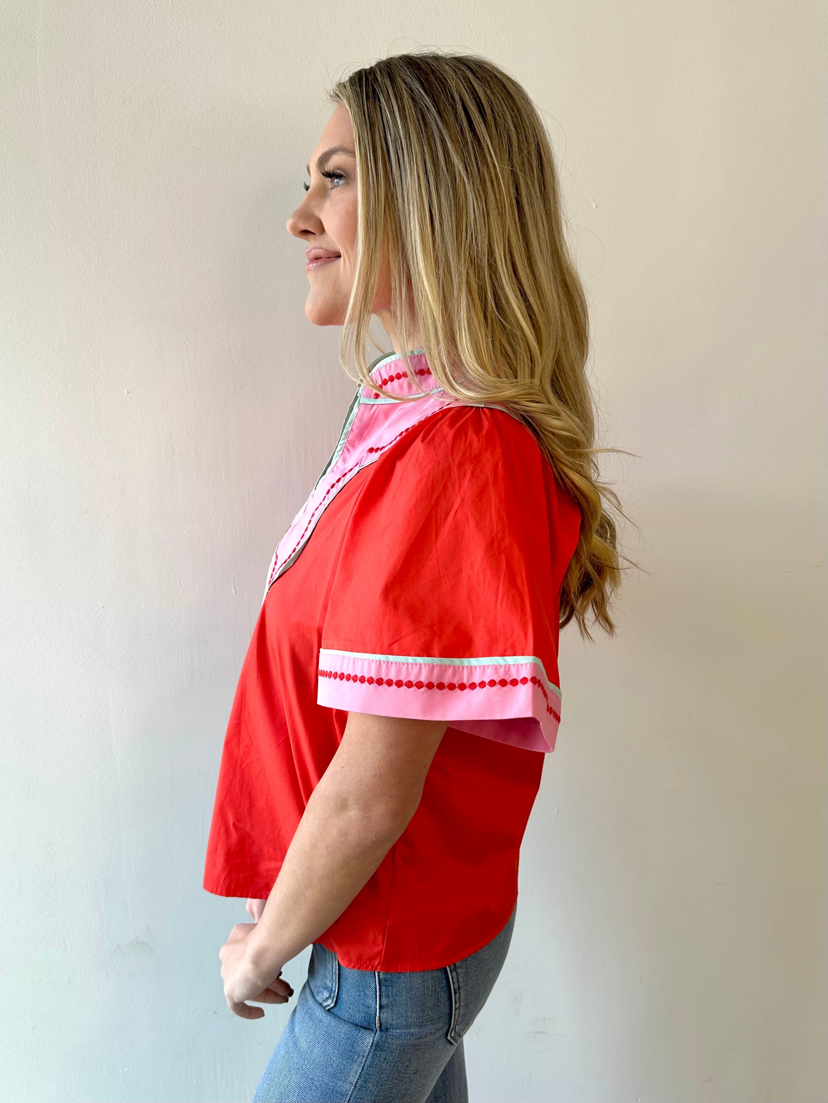 Contrast Trim Wide Sleeve V - neck Top