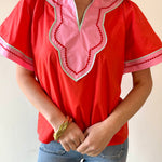 Contrast Trim Wide Sleeve V - neck Top