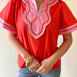 Contrast Trim Wide Sleeve V - neck Top
