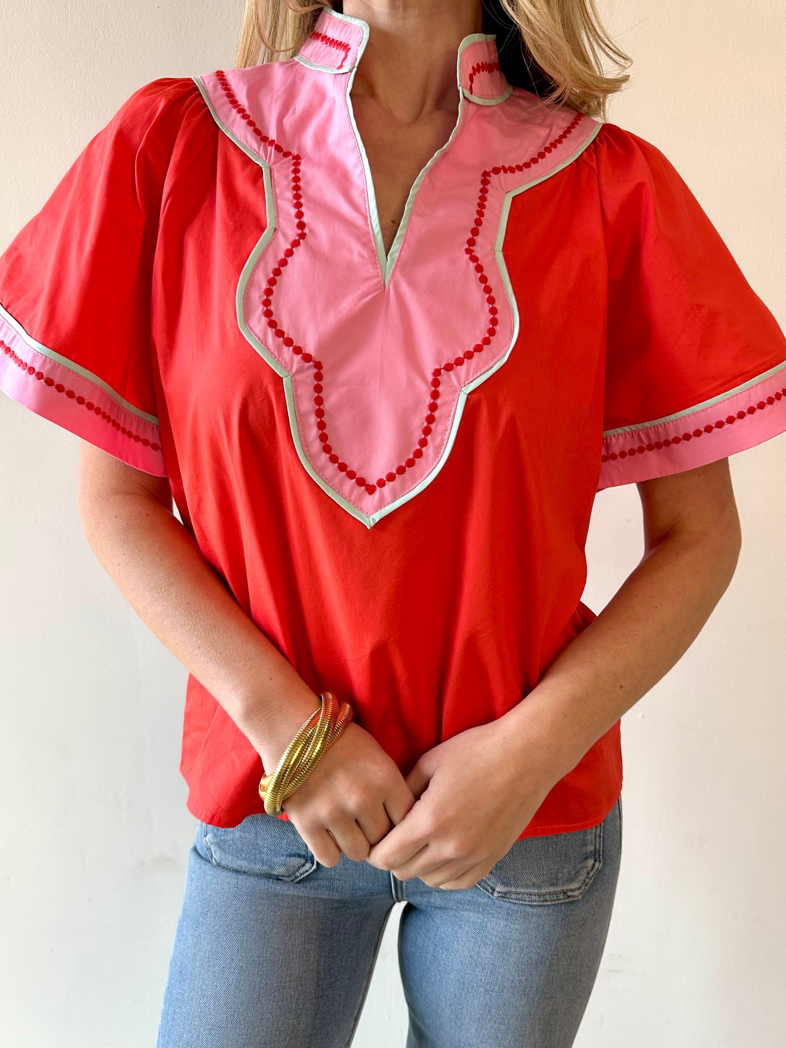 Contrast Trim Wide Sleeve V - neck Top