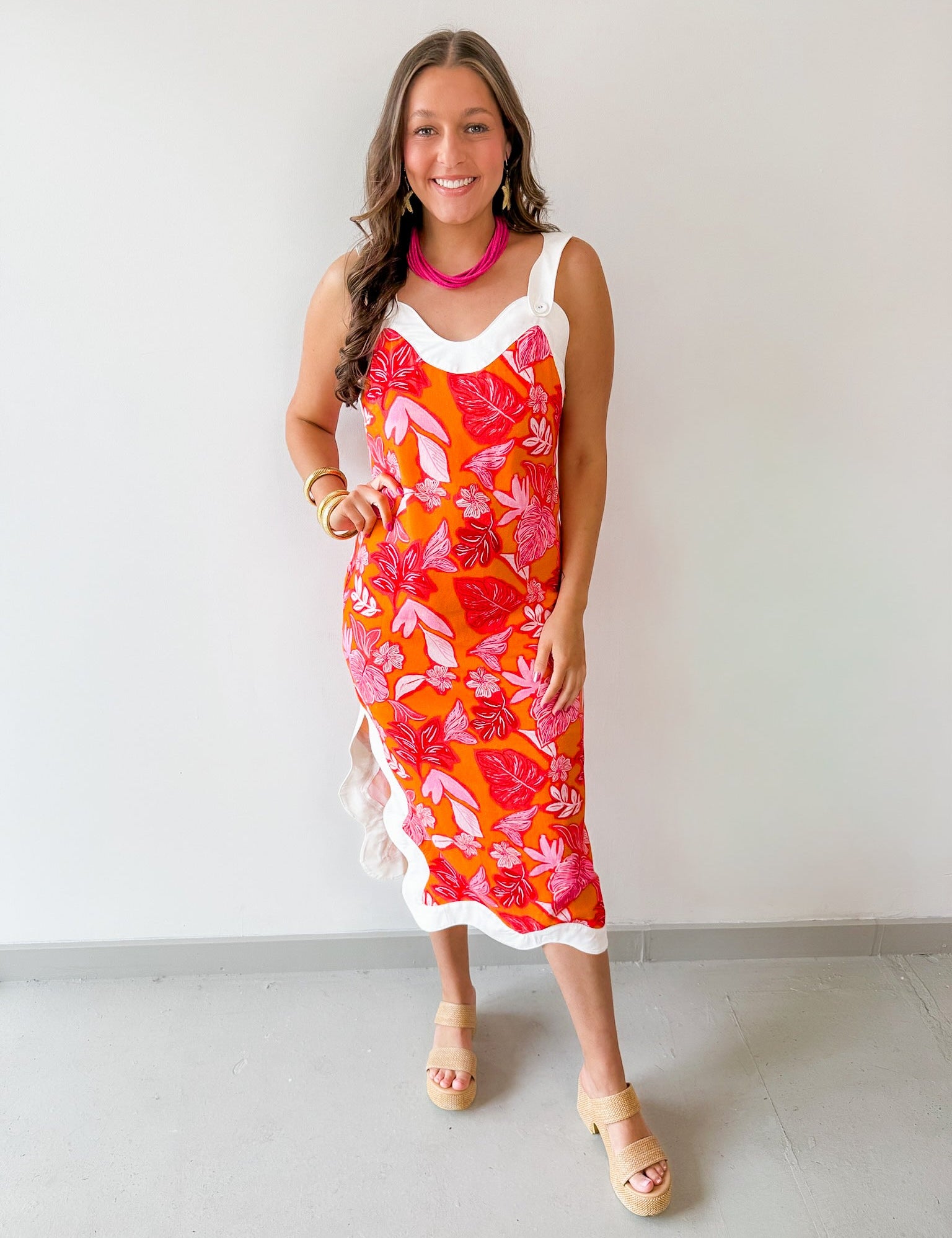 Contrast Wave Tropical Print Dress