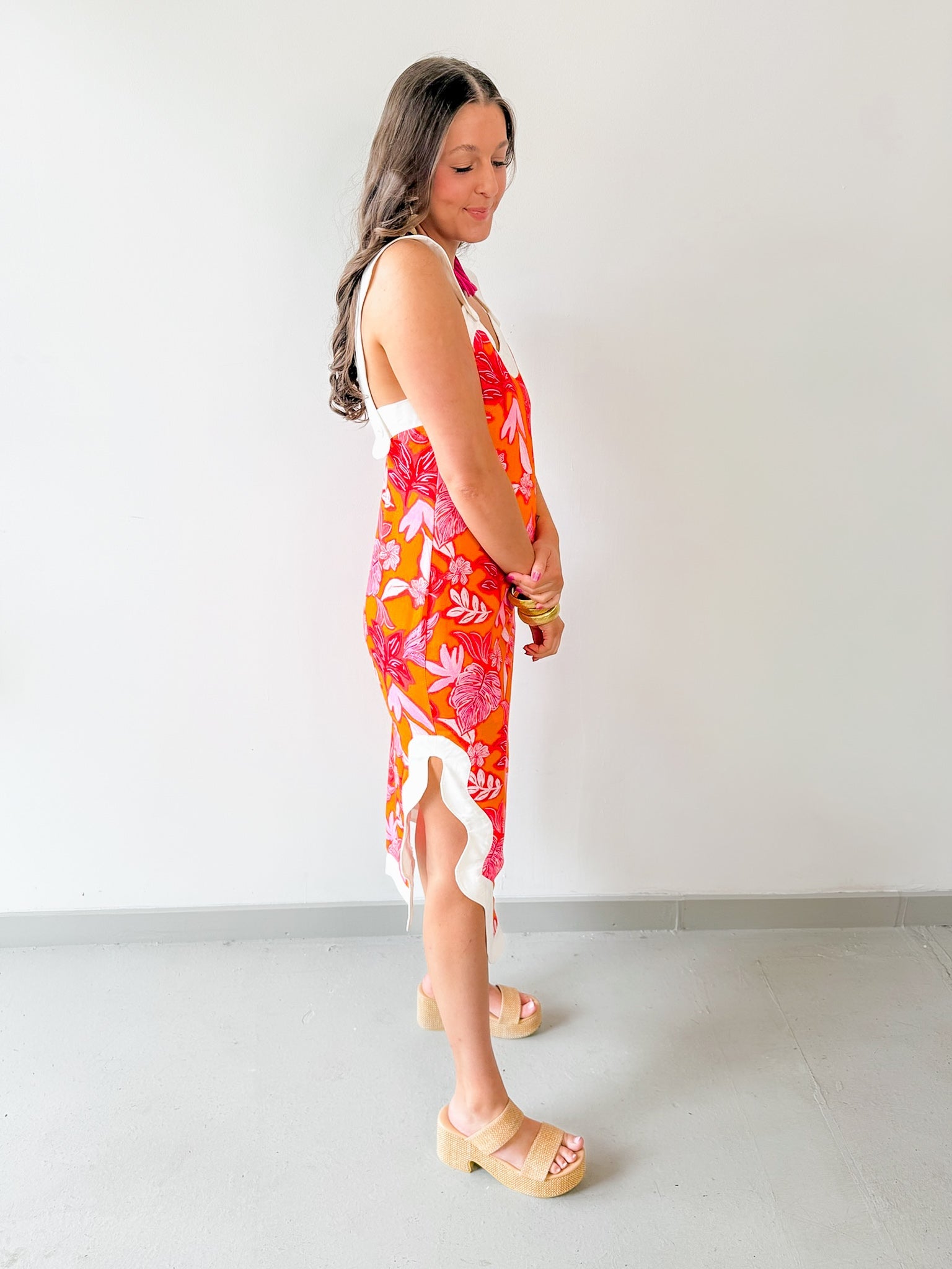 Contrast Wave Tropical Print Dress