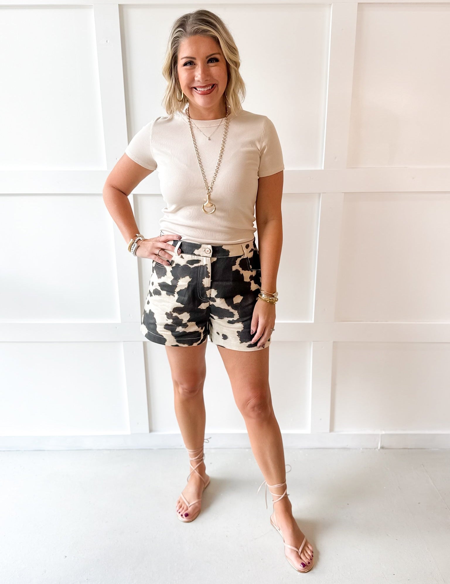 Cow Print Shorts - Ecru