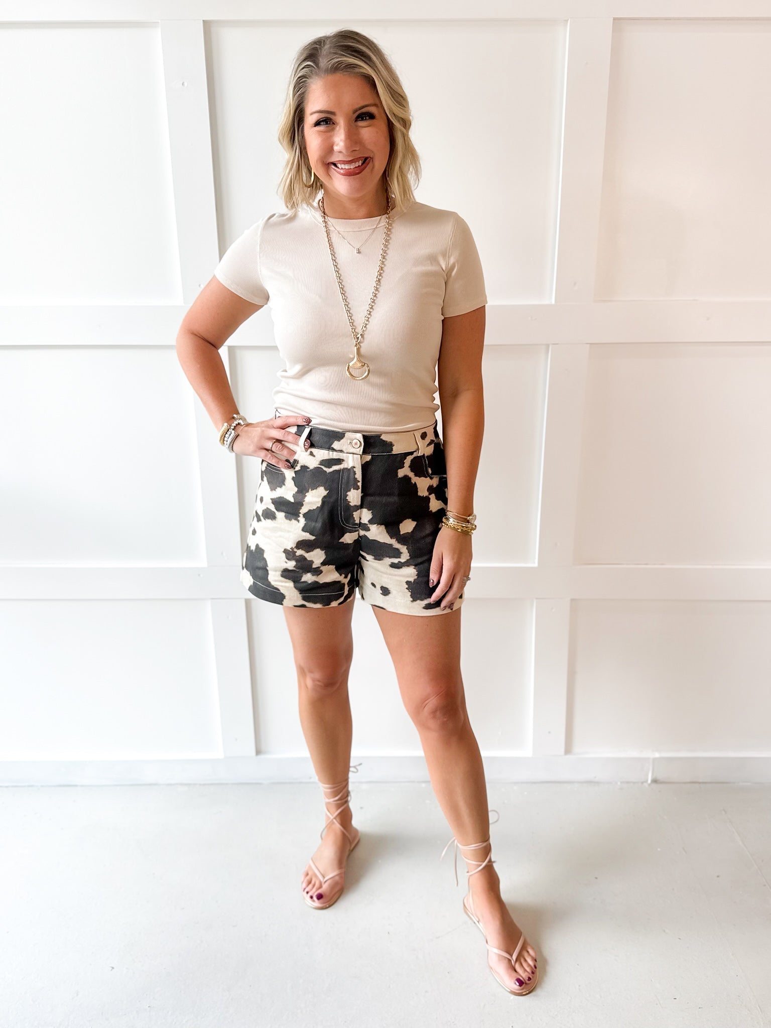 Cow Print Shorts - Ecru