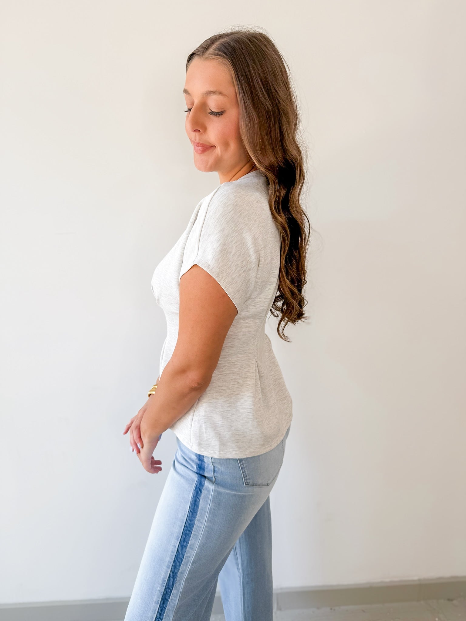 Crew Neck Cap Sleeve Pleated Waist Top