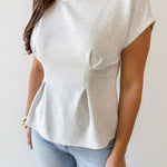 Crew Neck Cap Sleeve Pleated Waist Top