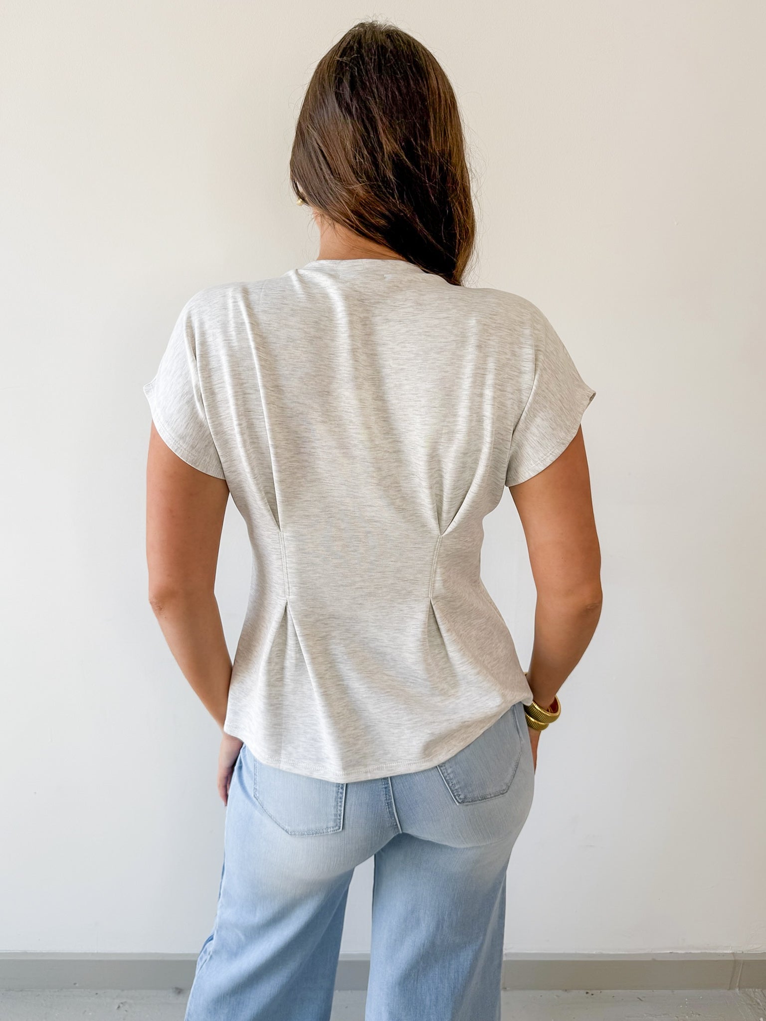 Crew Neck Cap Sleeve Pleated Waist Top