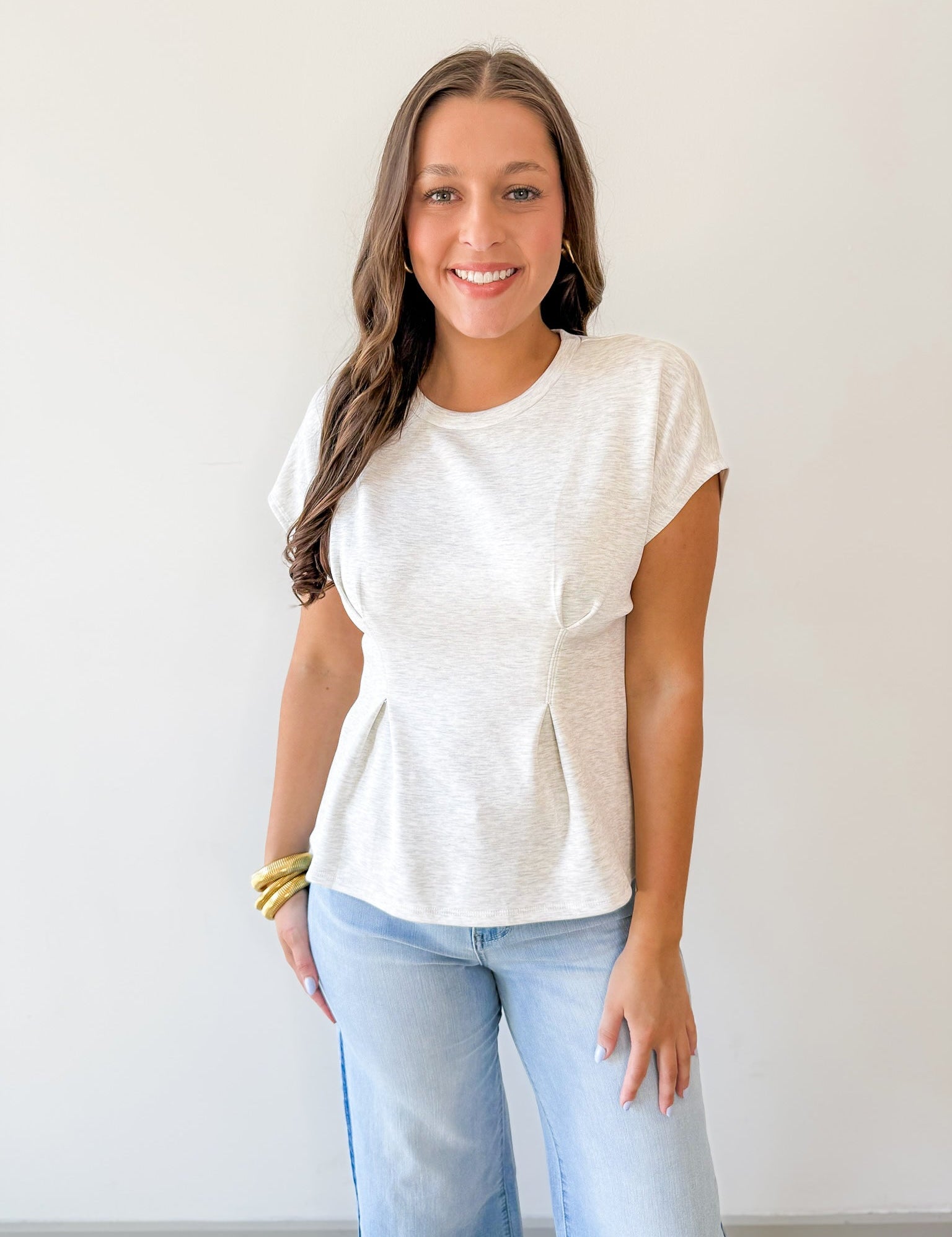 Crew Neck Cap Sleeve Pleated Waist Top