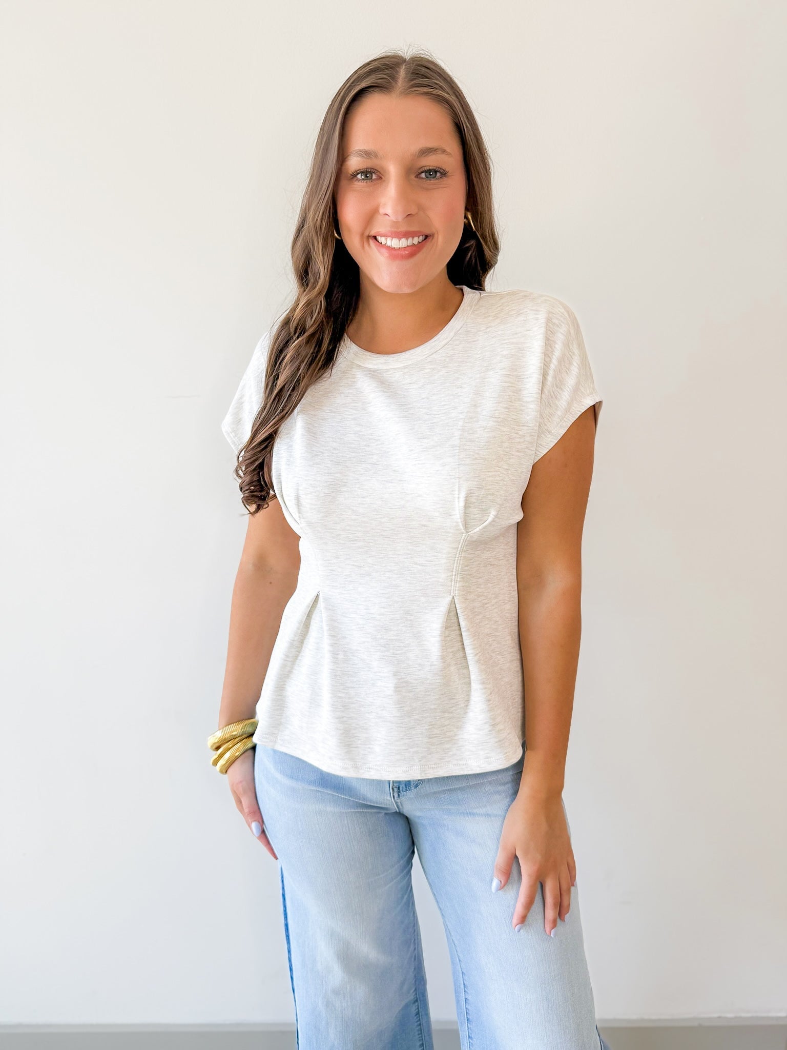 Crew Neck Cap Sleeve Pleated Waist Top