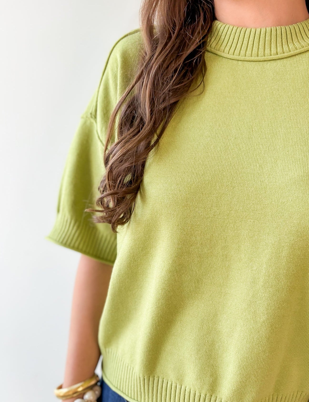 Crew Neck Elbow Length Sleeve Knit Top - Green
