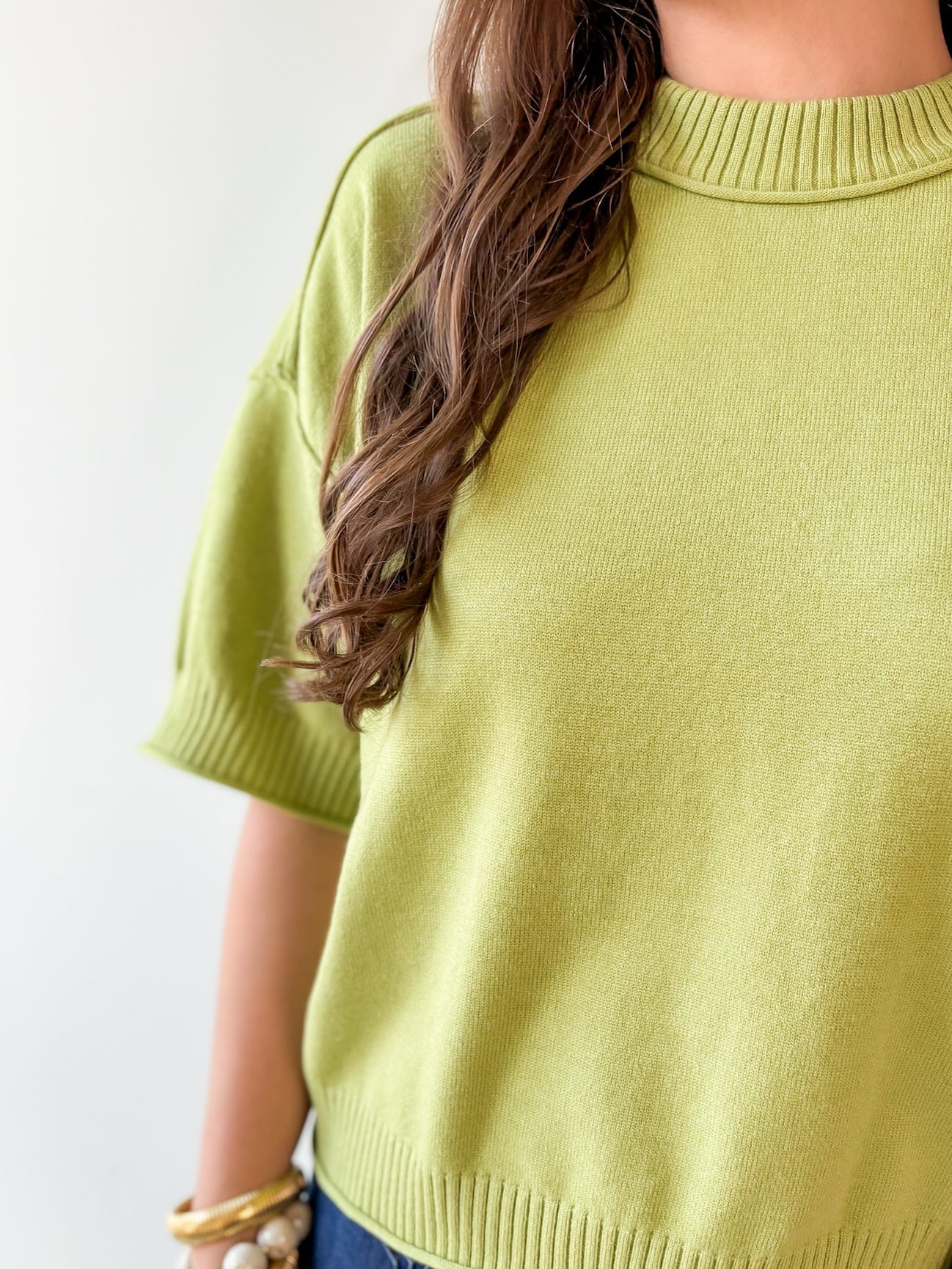 Crew Neck Elbow Length Sleeve Knit Top - Green
