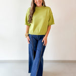 Crew Neck Elbow Length Sleeve Knit Top - Green