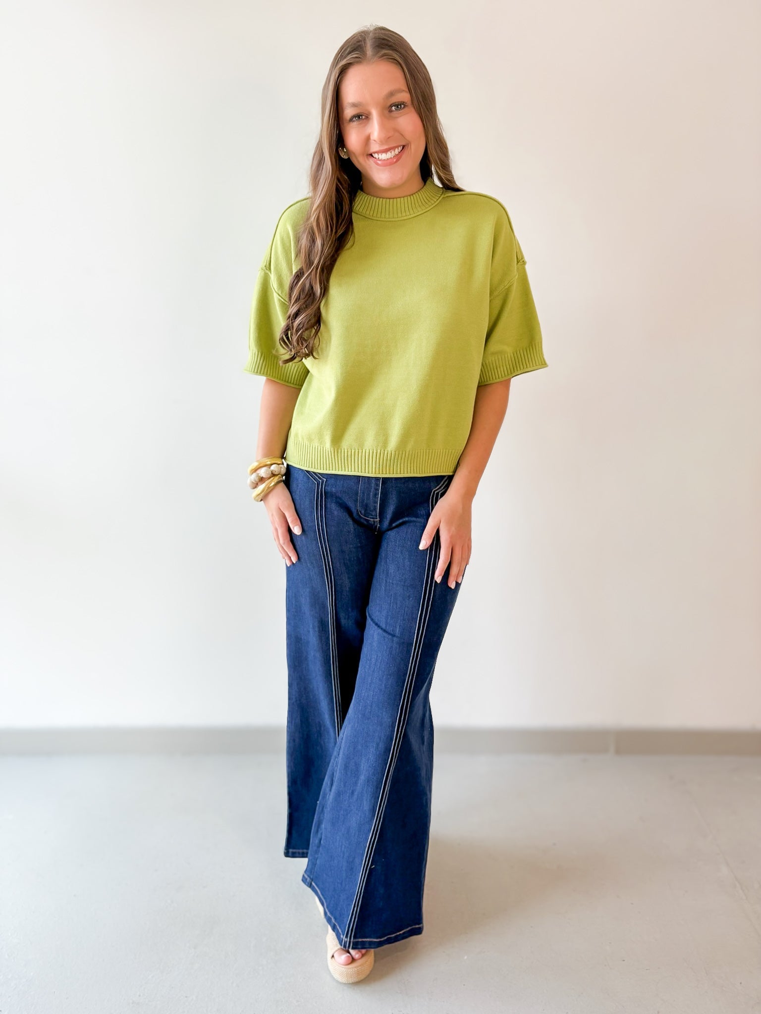Crew Neck Elbow Length Sleeve Knit Top - Green