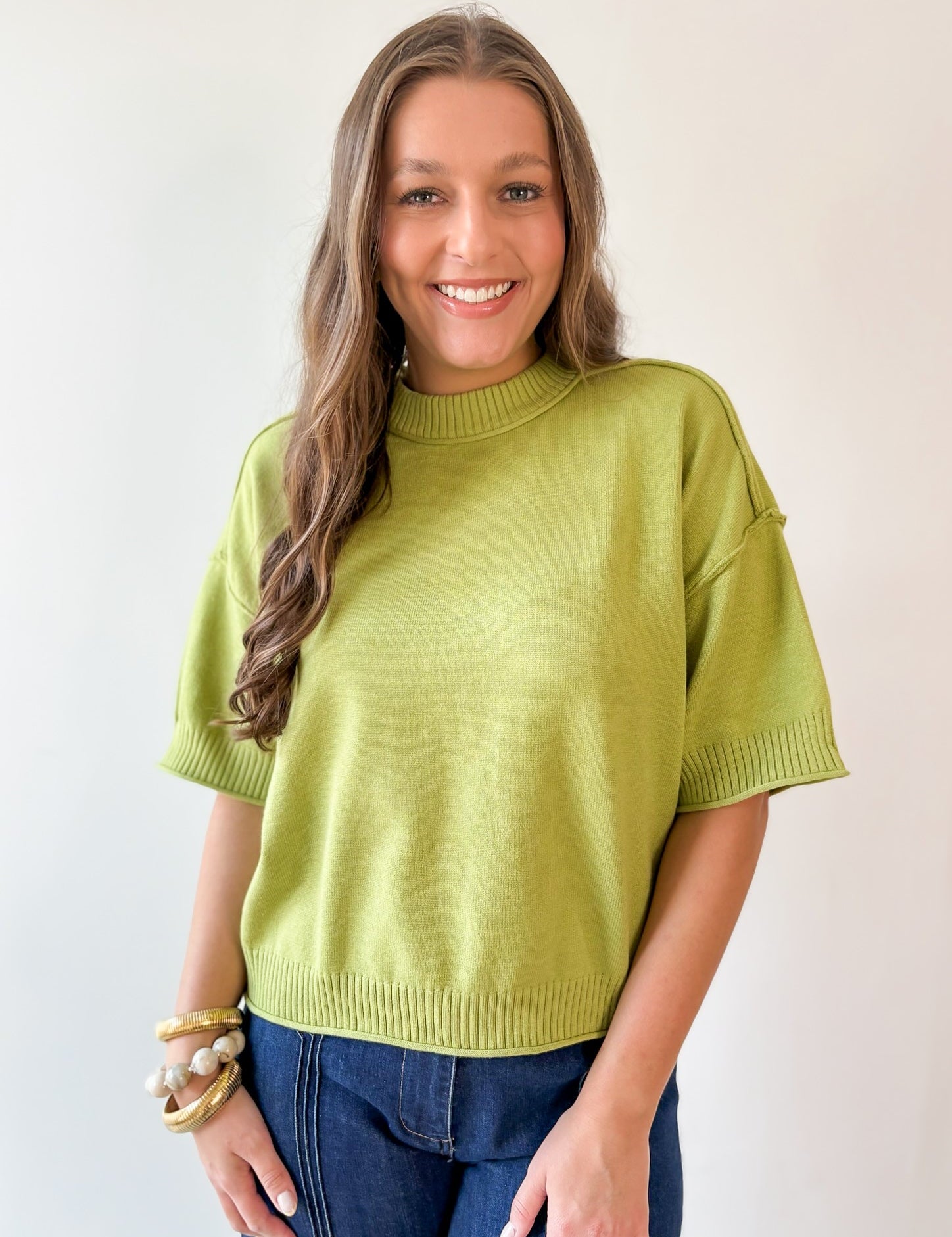 Crew Neck Elbow Length Sleeve Knit Top - Green