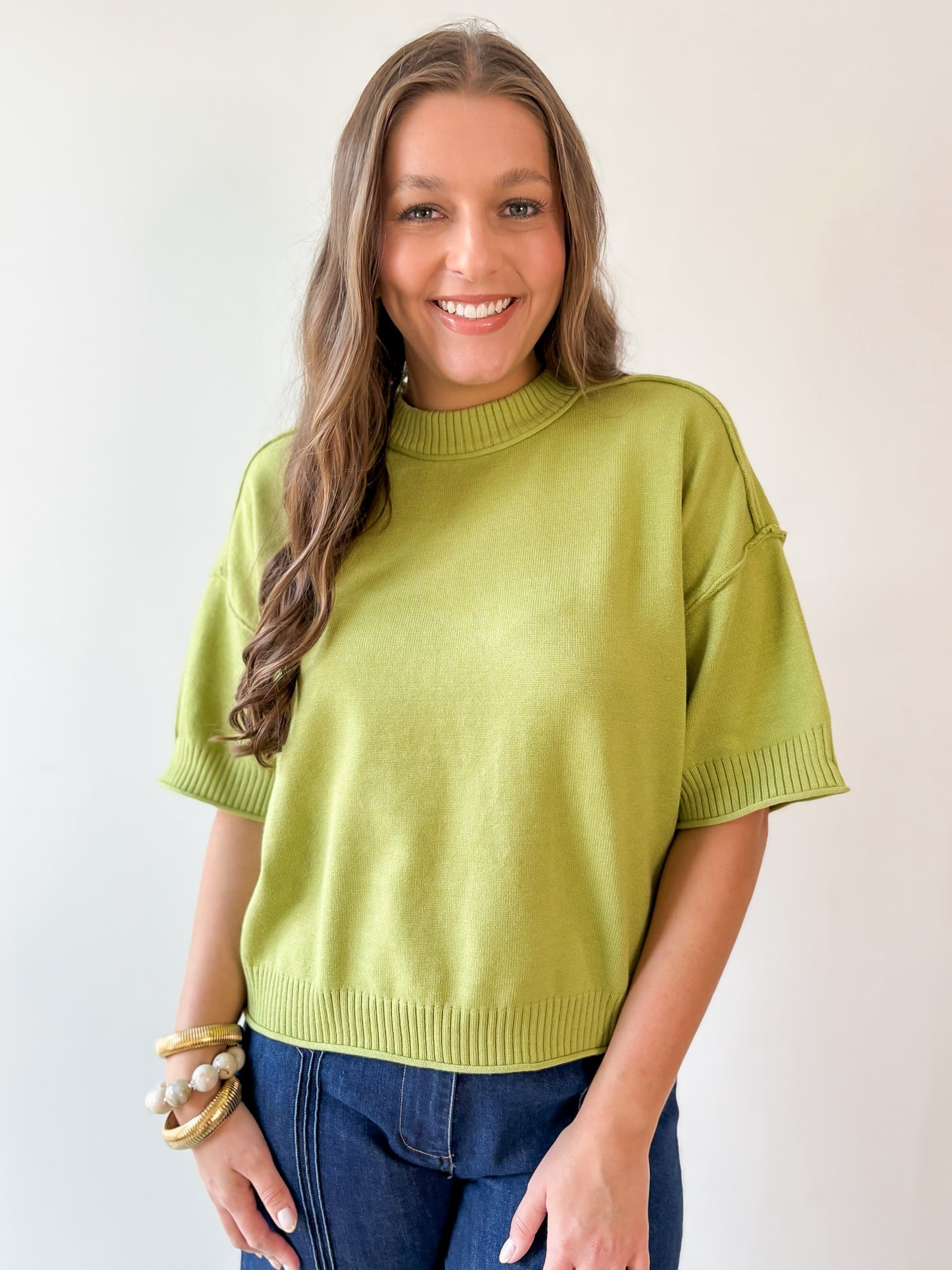 Crew Neck Elbow Length Sleeve Knit Top - Green