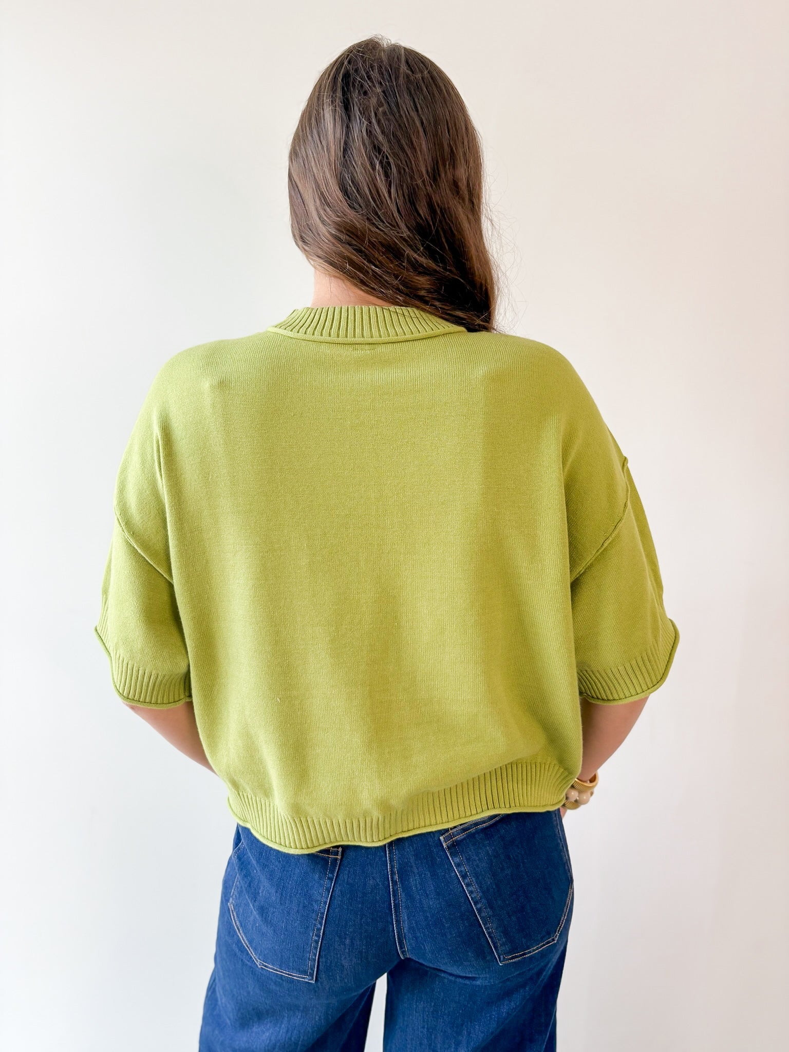 Crew Neck Elbow Length Sleeve Knit Top - Green