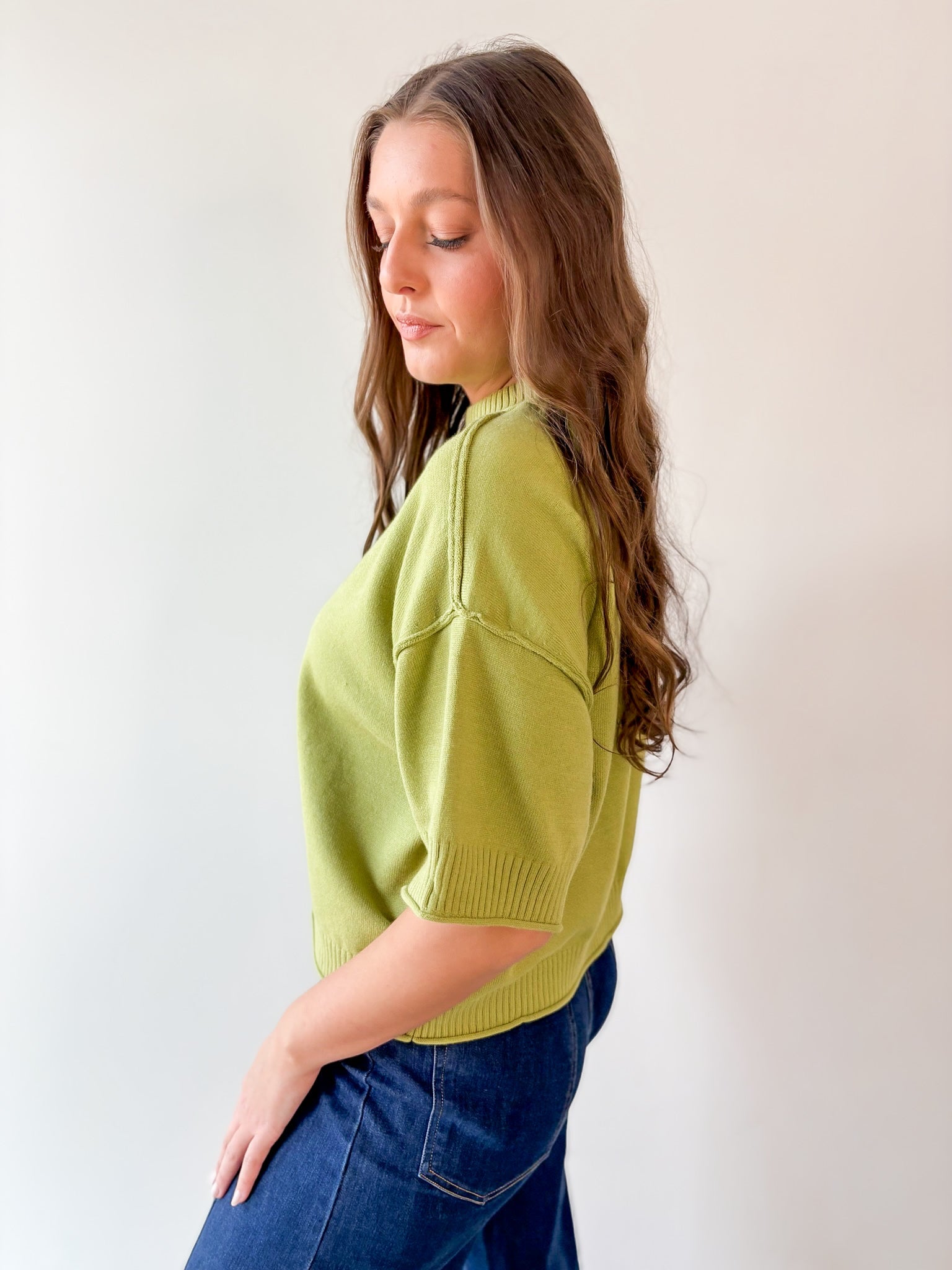Crew Neck Elbow Length Sleeve Knit Top - Green