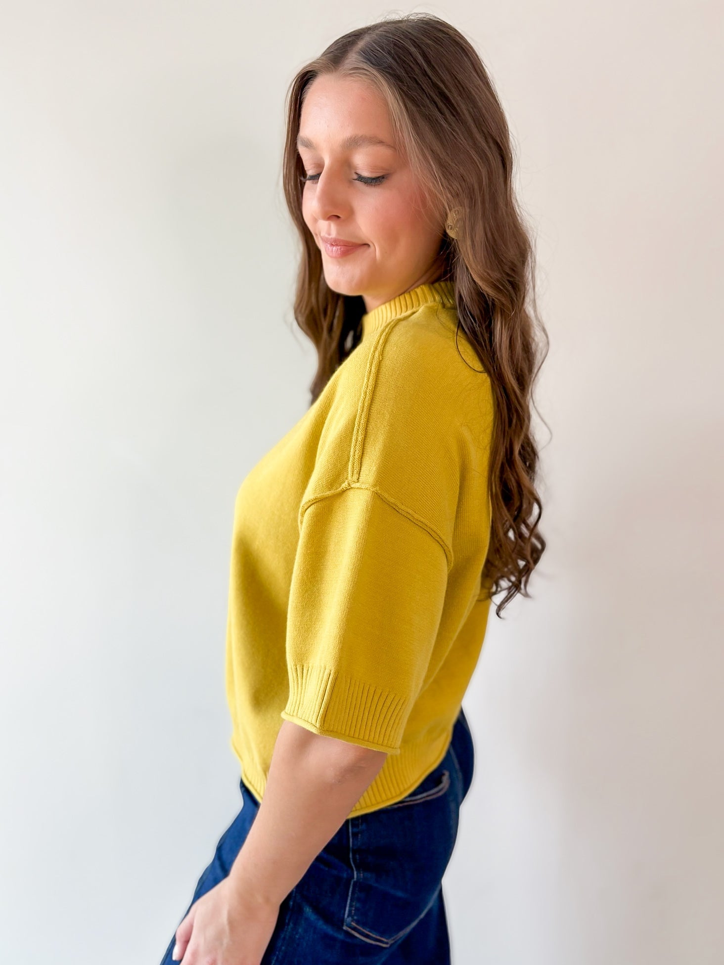 Crew Neck Knit Top -Mustard