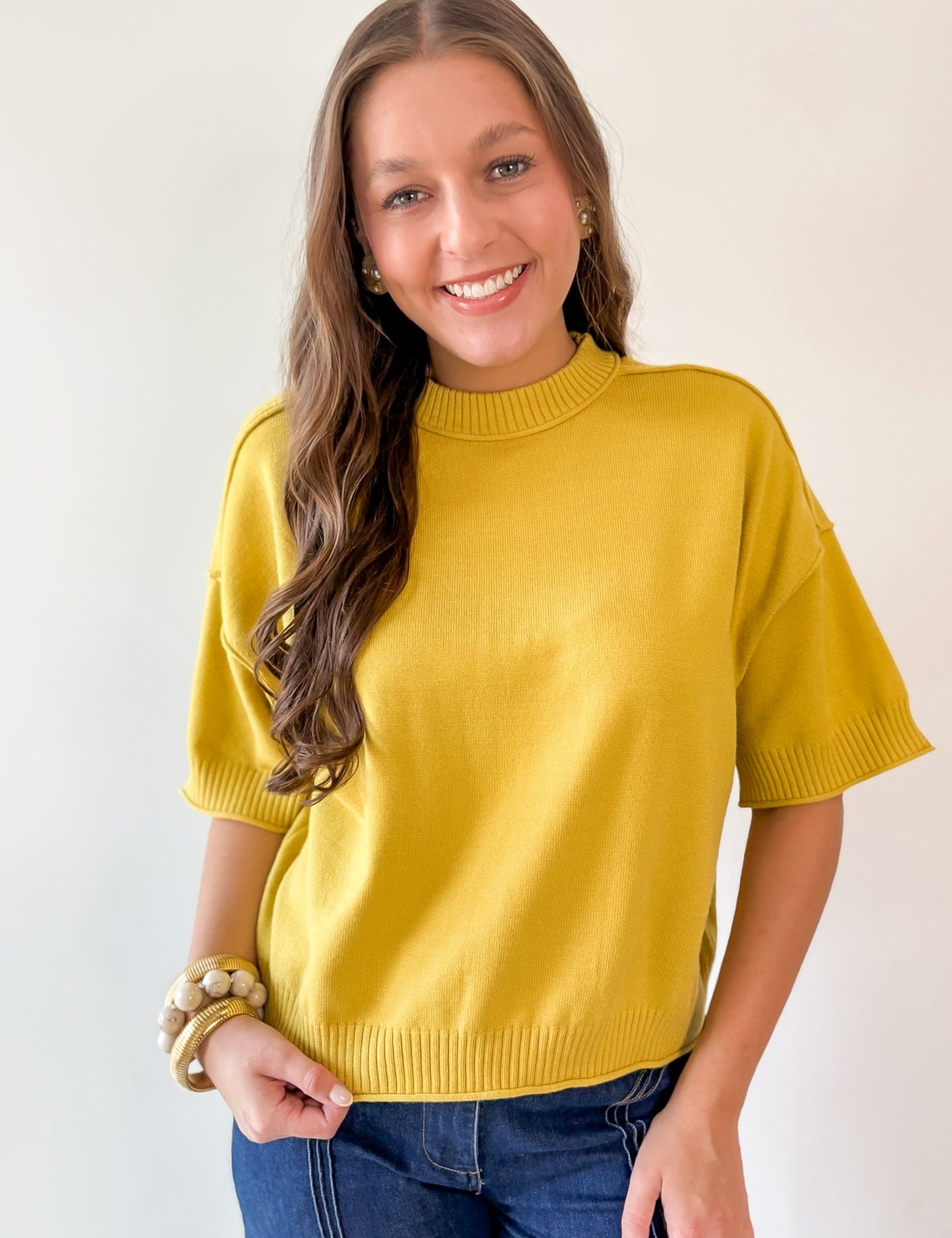 Crew Neck Knit Top -Mustard