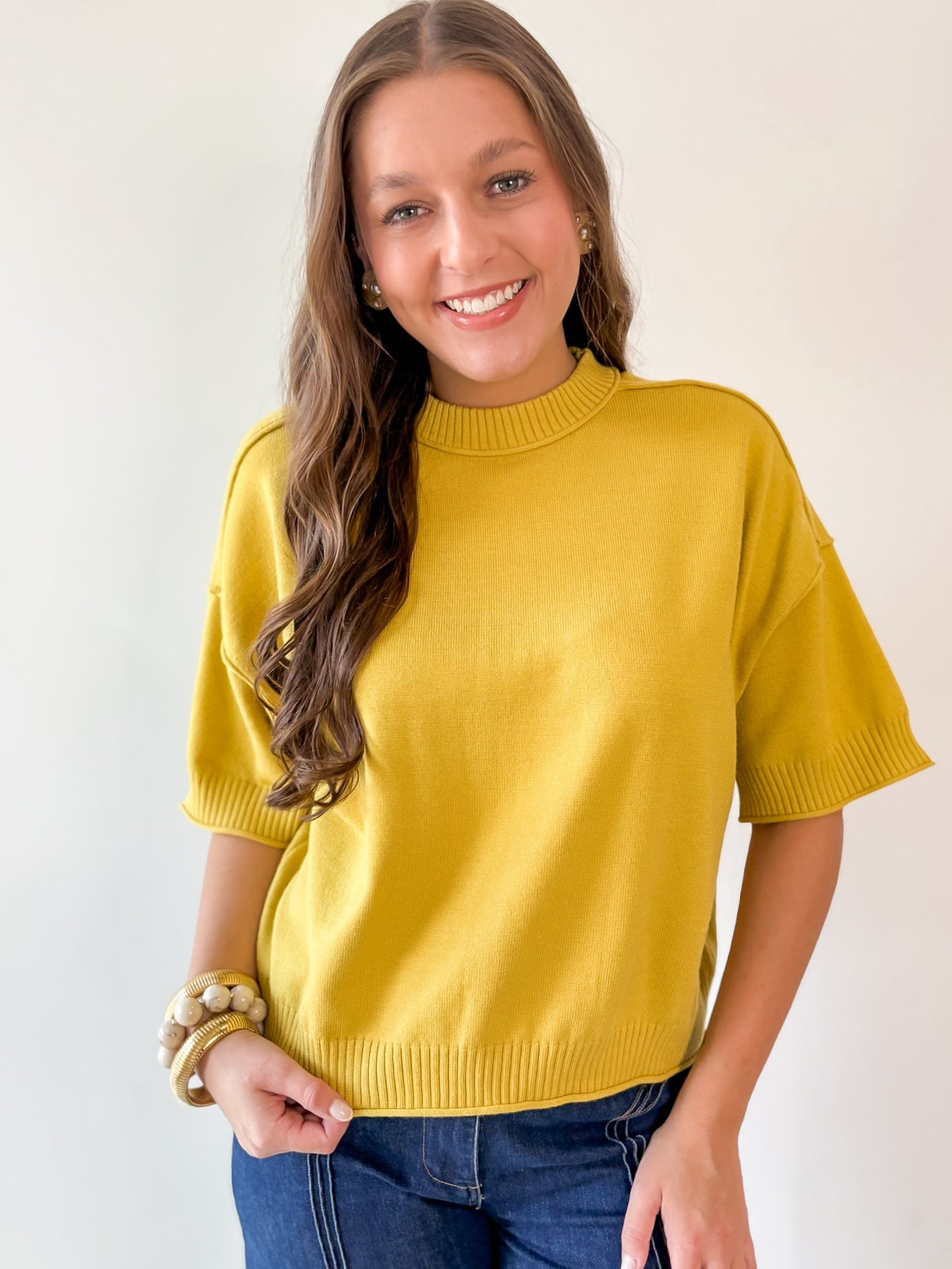 Crew Neck Knit Top -Mustard