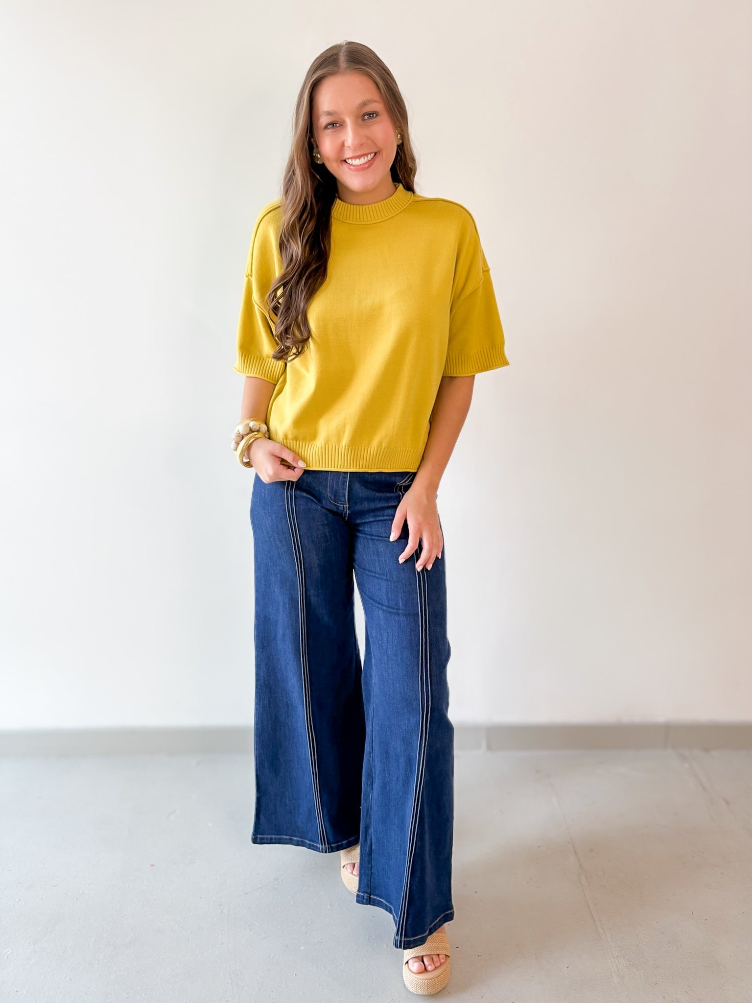 Crew Neck Knit Top -Mustard