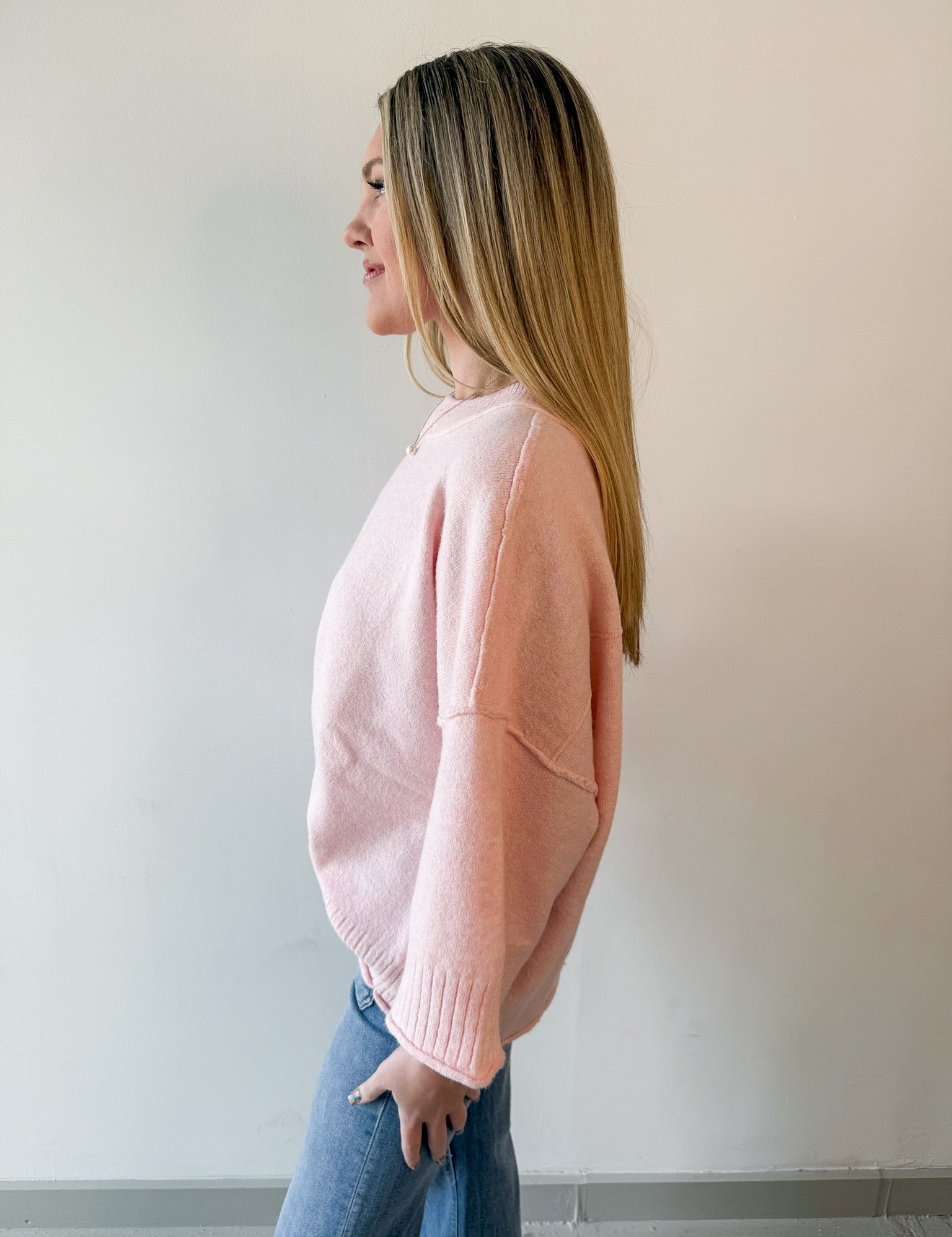 Crew Neck Oversized Sweater - Soft Pink