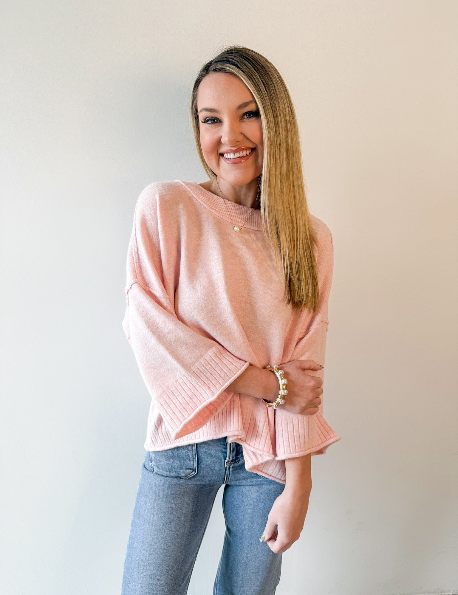 Crew Neck Oversized Sweater - Soft Pink
