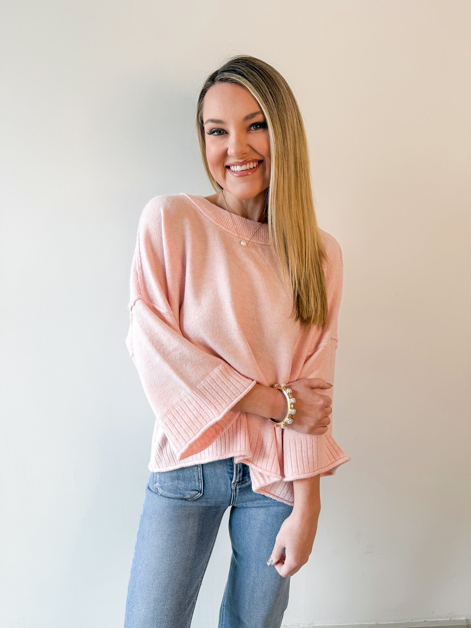Crew Neck Oversized Sweater - Soft Pink