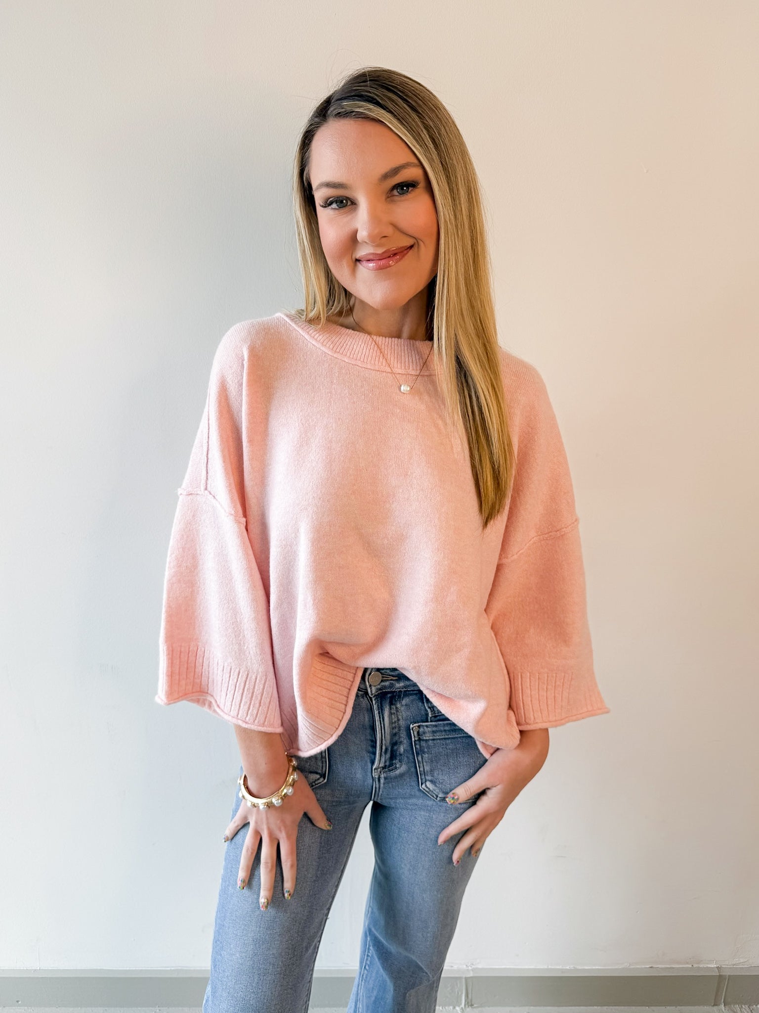 Crew Neck Oversized Sweater - Soft Pink