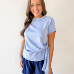 Crew Neck Raglan Side Tie Top - Blue