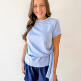 Crew Neck Raglan Side Tie Top - Blue