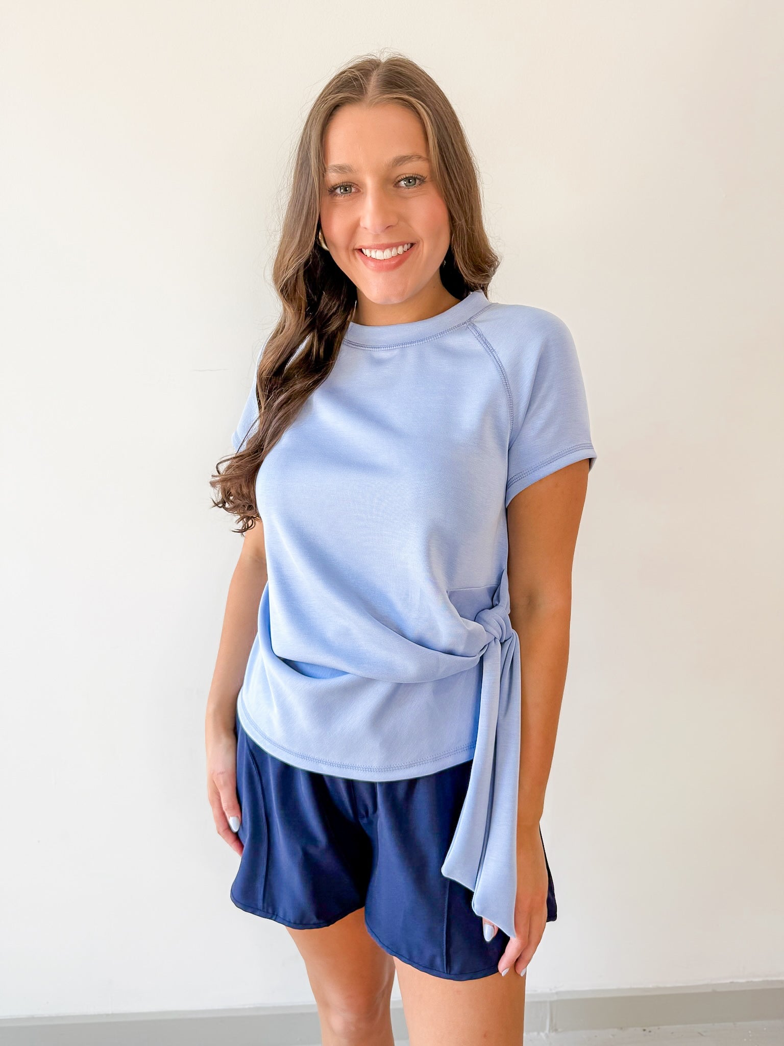 Crew Neck Raglan Side Tie Top - Blue