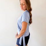 Crew Neck Raglan Side Tie Top - Blue