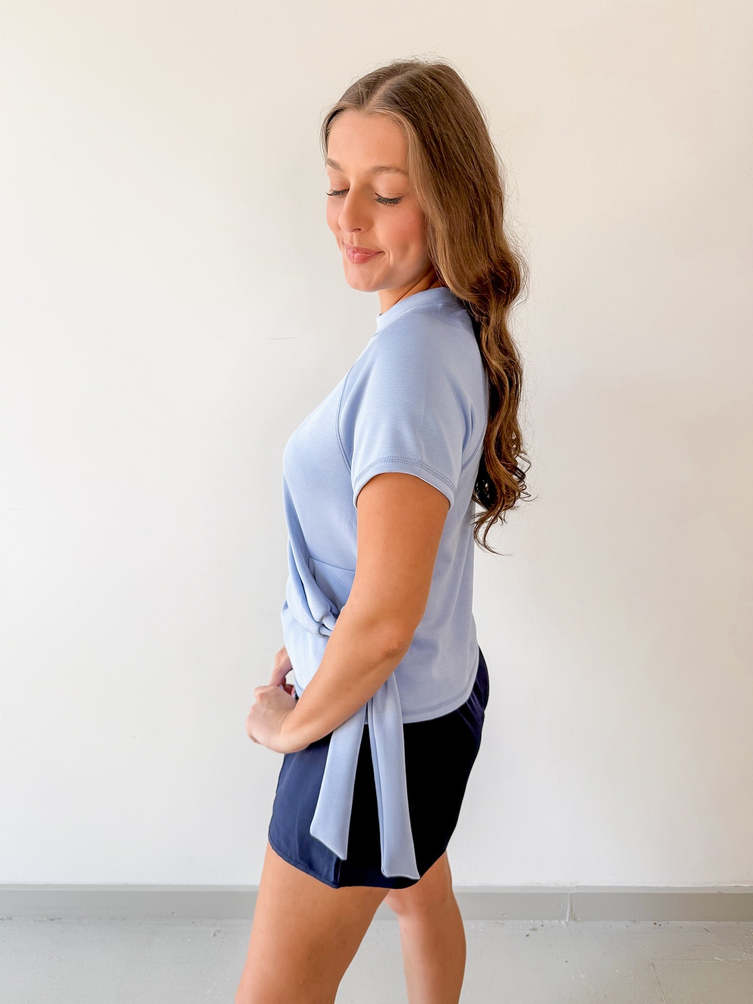 Crew Neck Raglan Side Tie Top - Blue