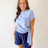 Crew Neck Raglan Side Tie Top - Blue