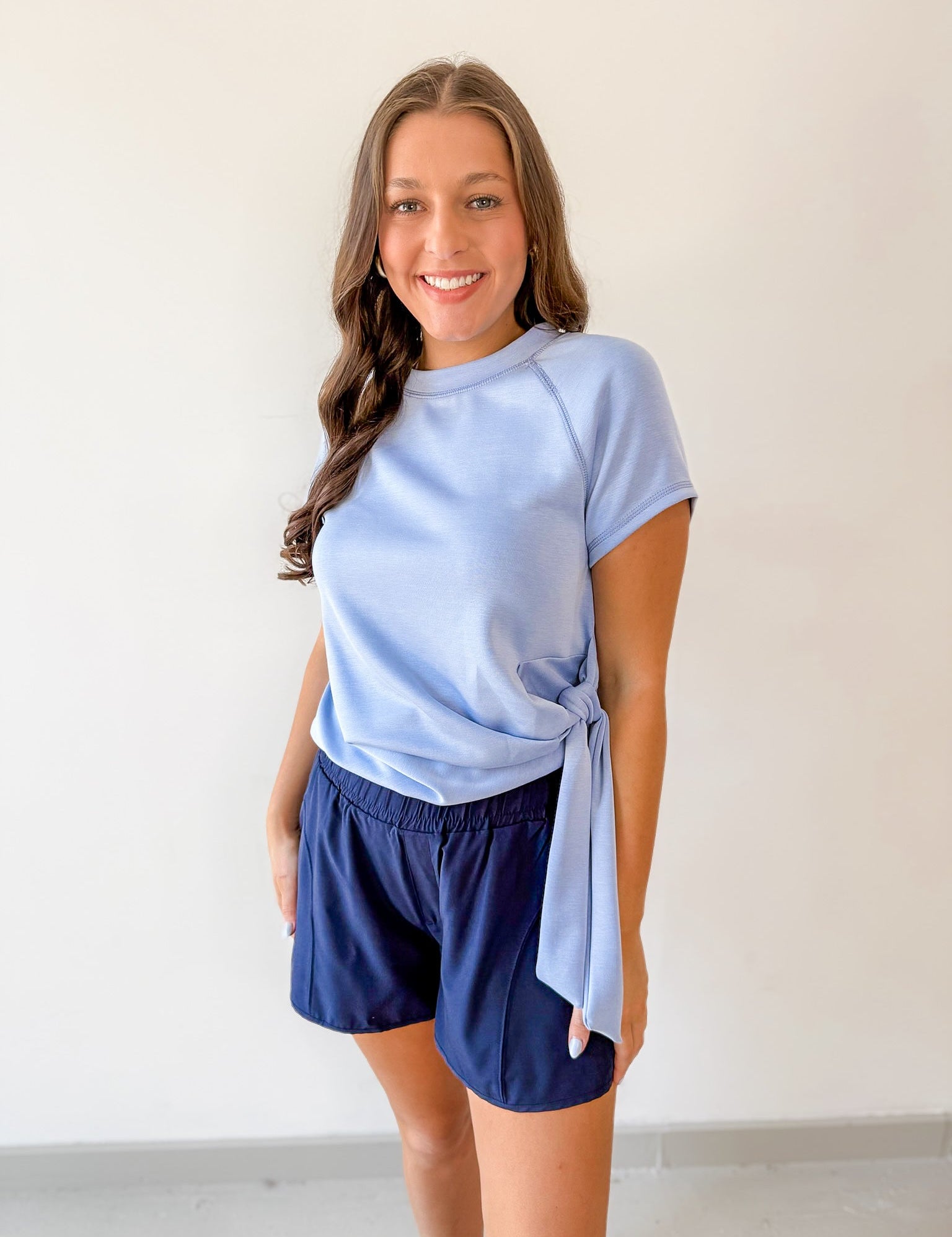 Crew Neck Raglan Side Tie Top - Blue