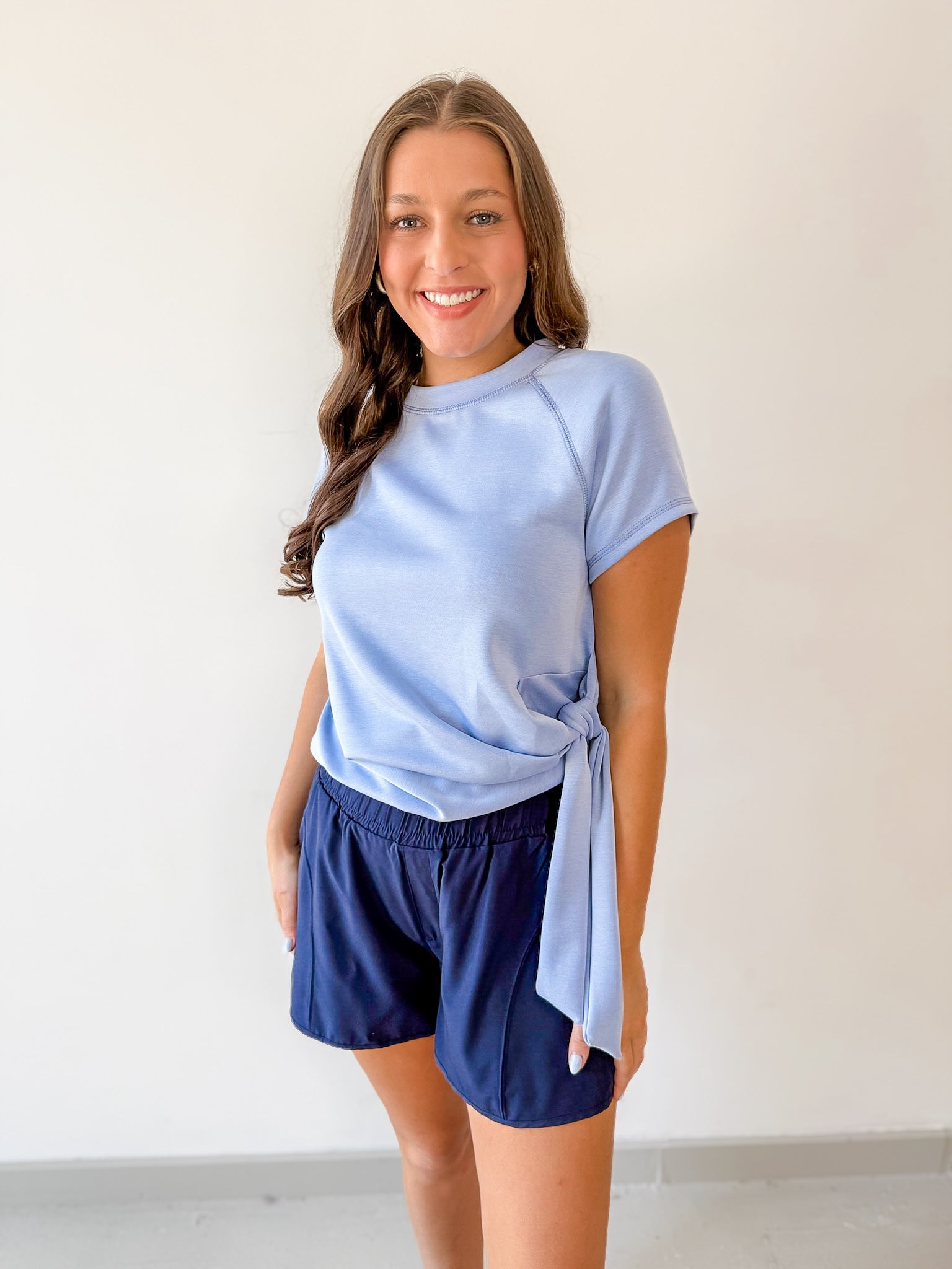 Crew Neck Raglan Side Tie Top - Blue