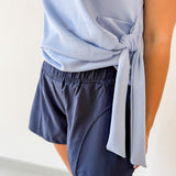 Crew Neck Raglan Side Tie Top - Blue