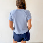 Crew Neck Raglan Side Tie Top - Blue