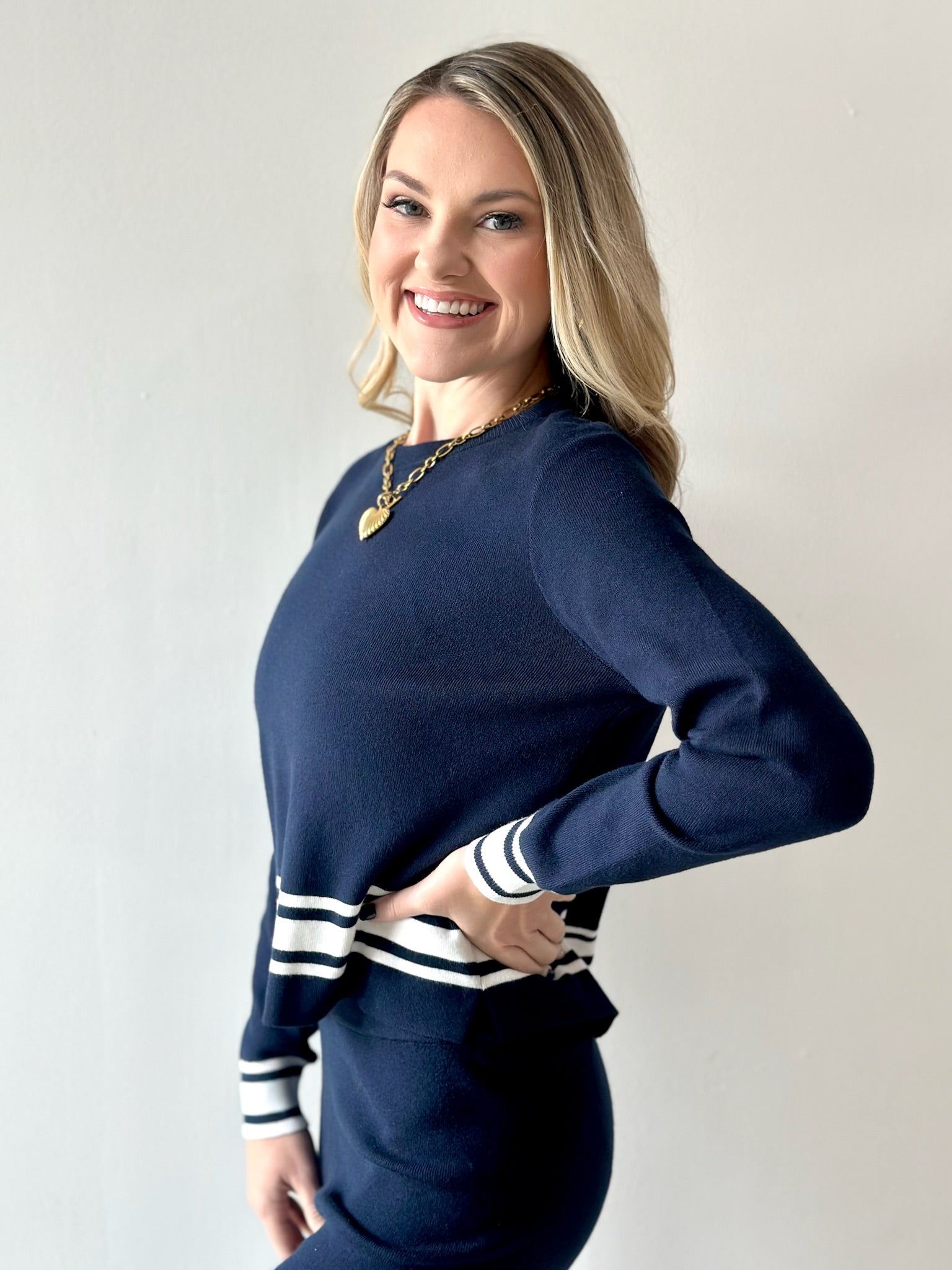 Crew Neck With Stripe Hem Sweater & Pant Set