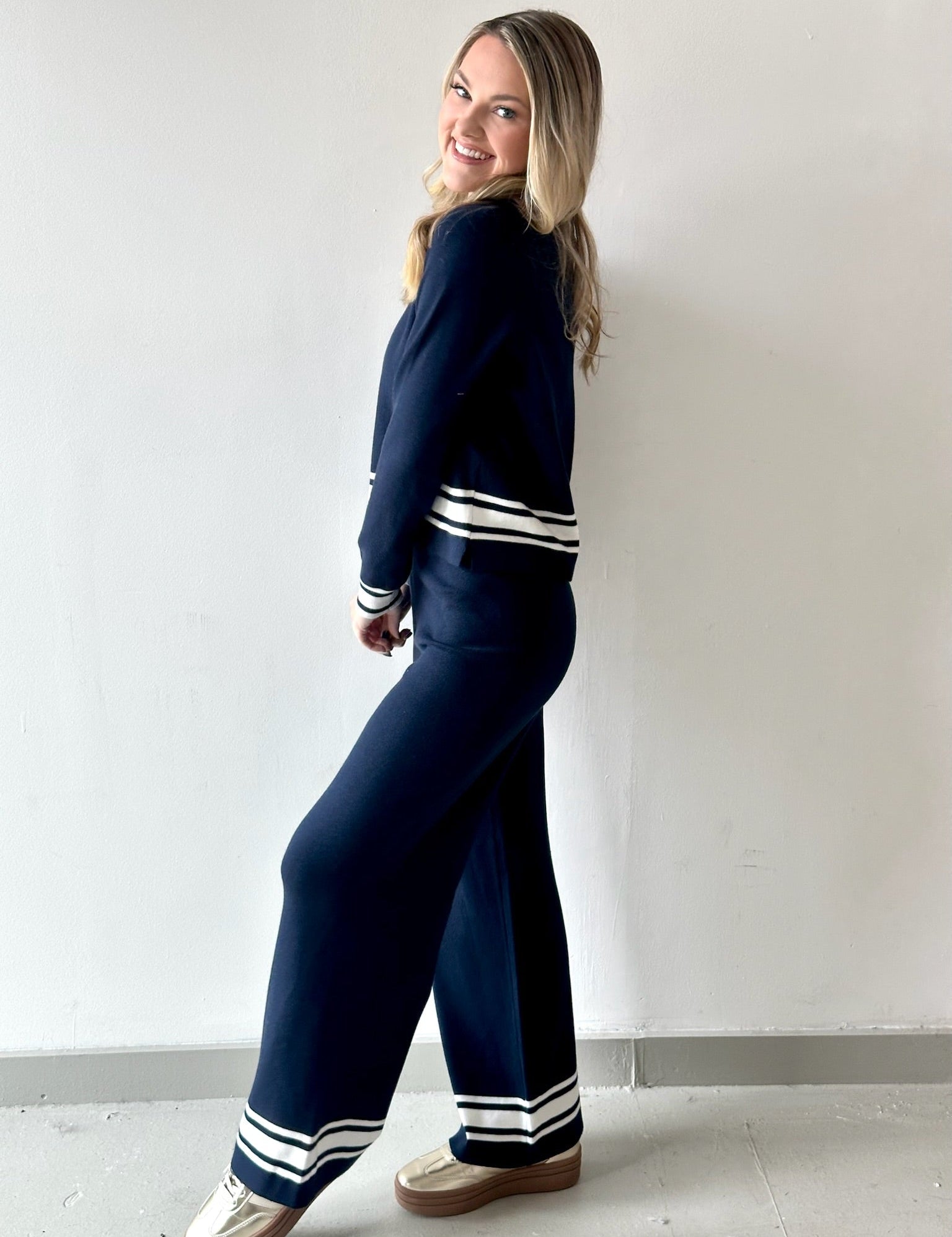 Crew Neck With Stripe Hem Sweater & Pant Set