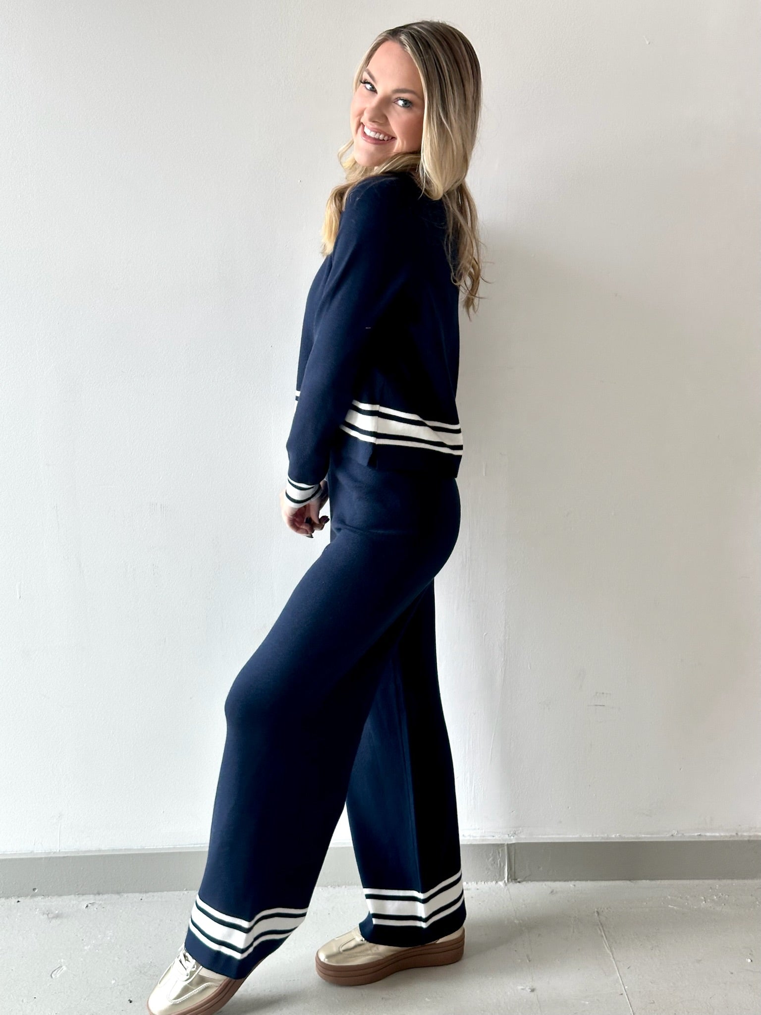 Crew Neck With Stripe Hem Sweater & Pant Set