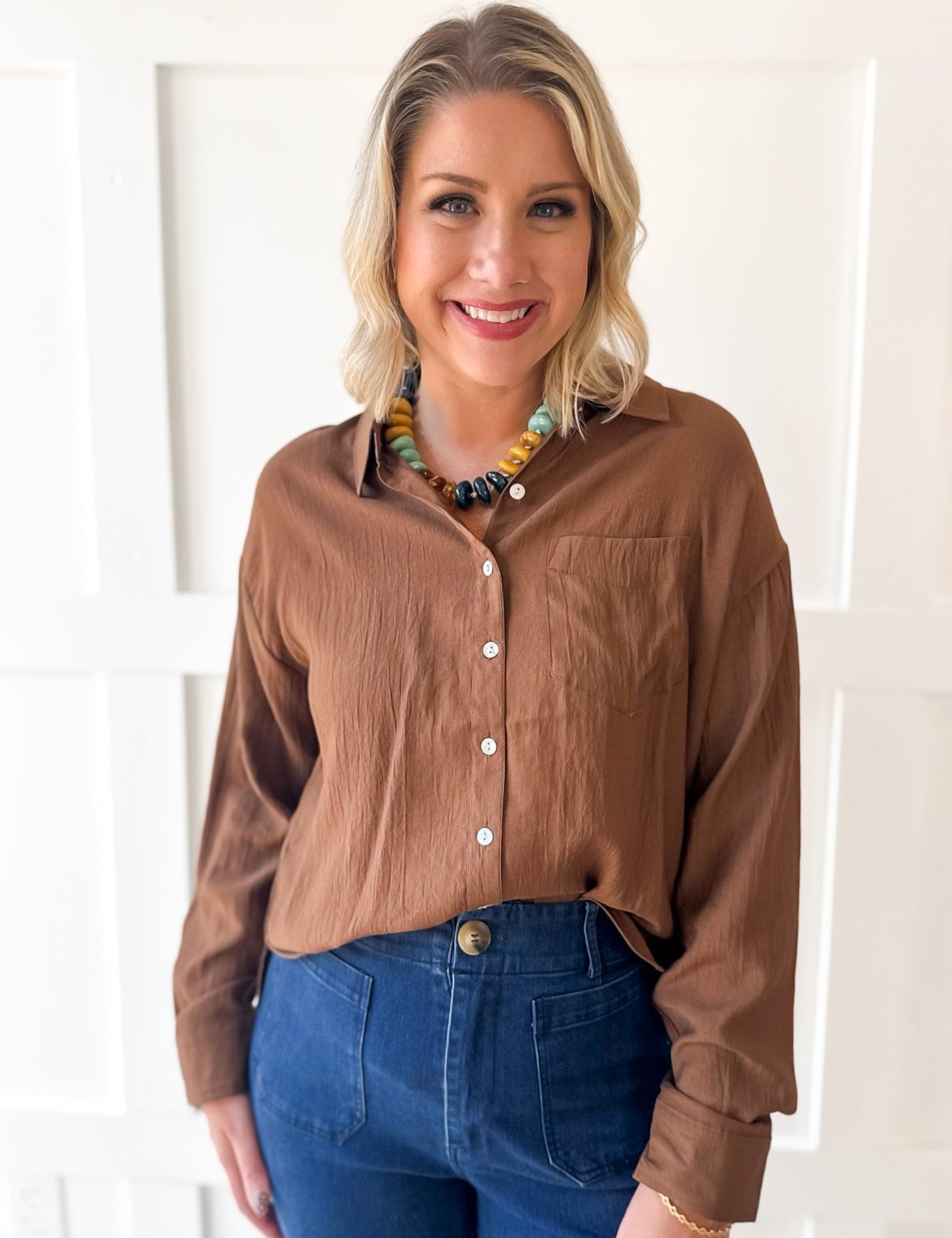 Crinkled Button-up Shirt - Brown