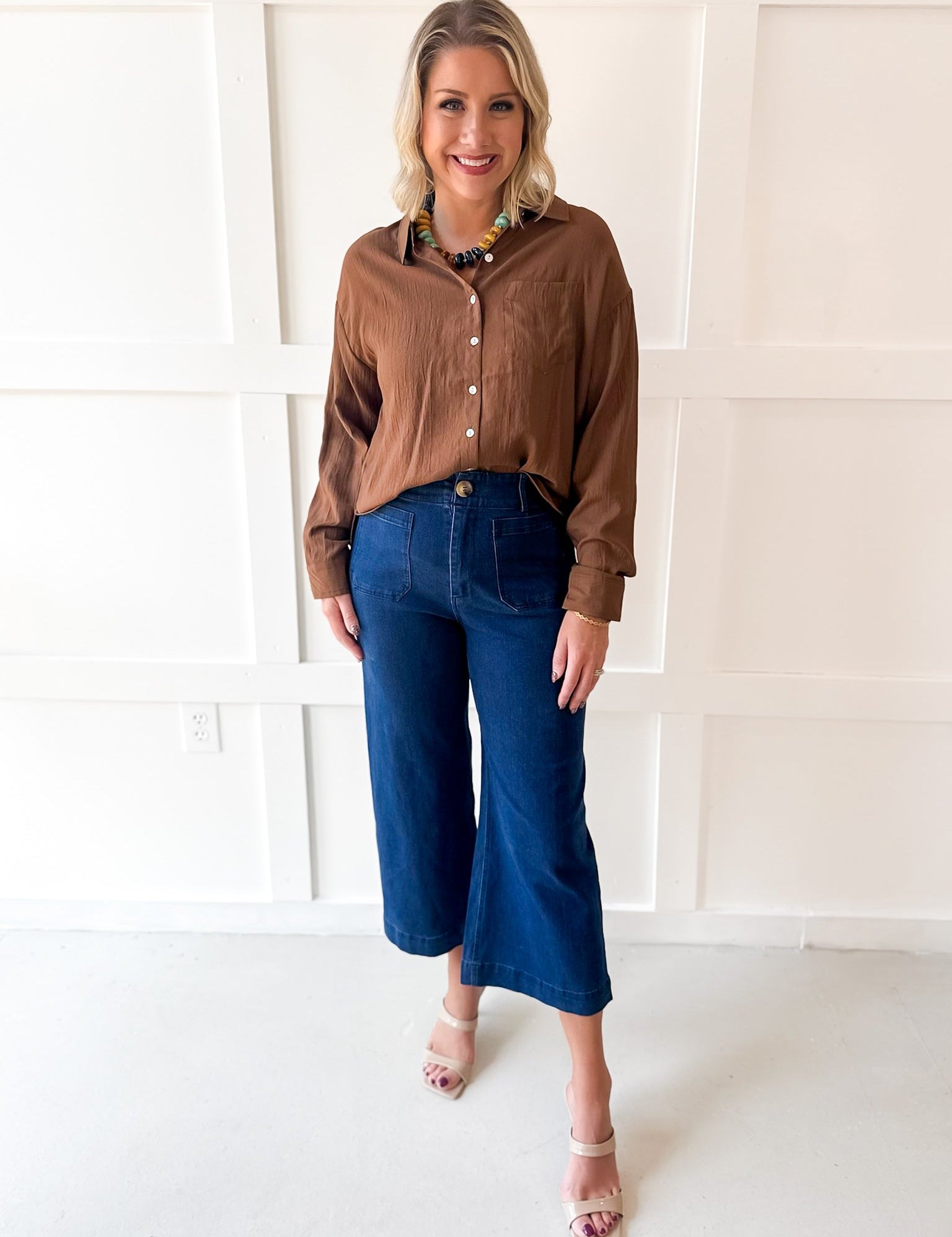 Crinkled Button-up Shirt - Brown