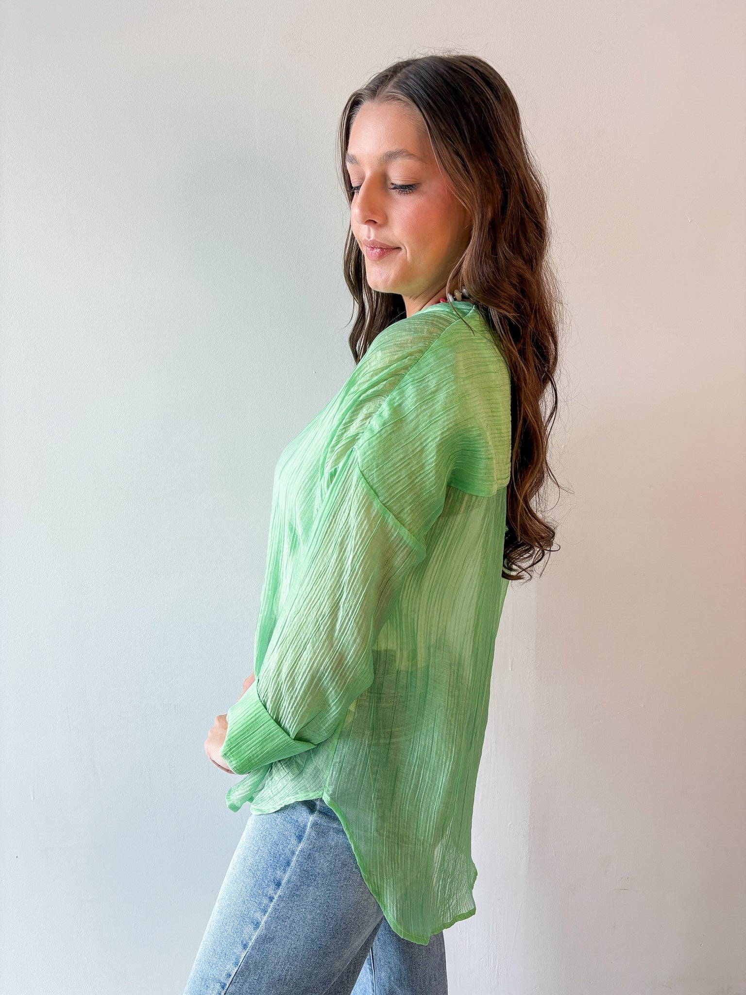 Crinkled Button Up Top - Mint
