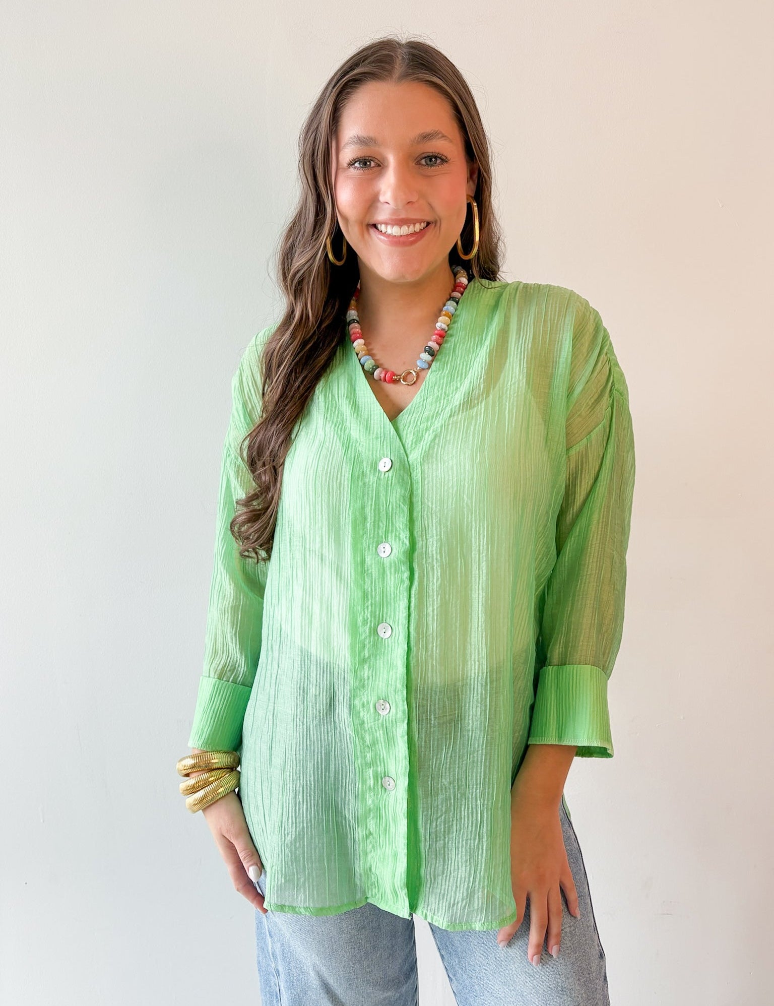 Crinkled Button Up Top - Mint